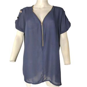 Libian Blouse Women 1XL Navy Zip Front Chiffon Boho Flowy Relaxed Fit Short Slvs